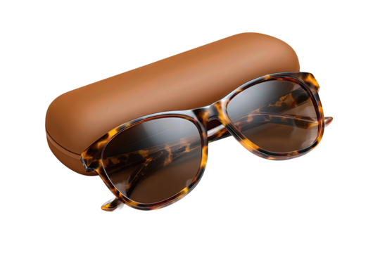 Hard clamshell sunglasses case with seamless hinge and soft-touch matte finish, simple and protective, isolated on transparent background.
