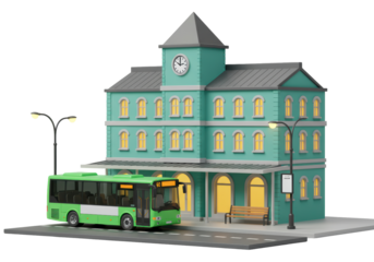 Isolated city transport scene featuring a bus station and a bus with no passengers