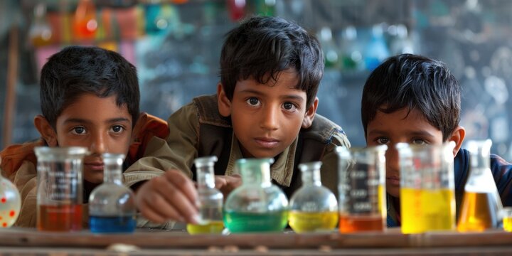 Curious Young Scientists Explore Chemistry Experiments featuring Science, Experiment, Chemistry, Education Children Boys Learning Curiosity Beaker Flask Colorful Liquid Research
