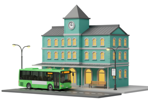 Isolated city transport scene featuring a bus station and a bus with no passengers