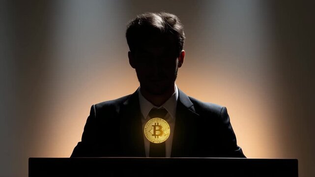 A man in a suit and tie is sitting at a desk. Faceless minister silhouette behind podium with glowing banned bitcoin coin overlay, crypto ban, neutral muted corporate background