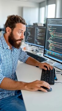 Bearded software developer coding on dual monitors in modern office with natural light and focus