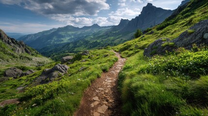 Fototapeta premium Gentle Path Winding Through a Grassy Slope Towards Distant Mountains.