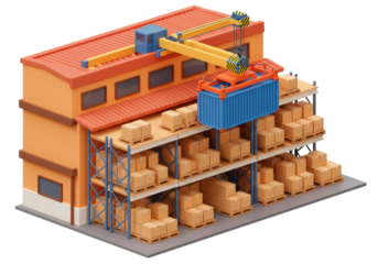 Isolated warehouse with overhead crane lifting container for shipping distribution and storage