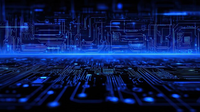 Abstract Futuristic Circuit Board Background With Blue Glowing Lines - Powered by Adobe
