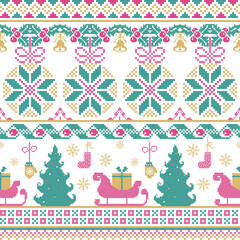 Cute pastel seamless pixel pattern with bows, trees, and gifts in pink, green, and yellow for modern Christmas decoration.