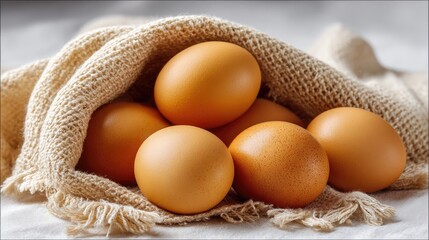 Fresh brown eggs nestled in a beige cloth