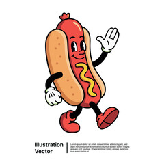 Retro cartoon hot dog character waving happily, a fun vintage food illustration