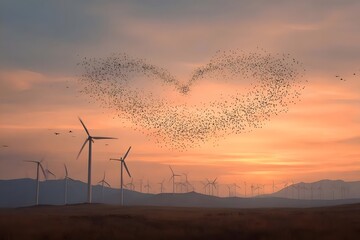 Wind turbines stand against a heart-shaped flock of birds at sunset.