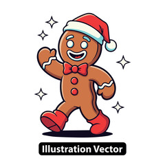 Cheerful Gingerbread Man Character Wearing Santa Hat and Boots, Waving Hello