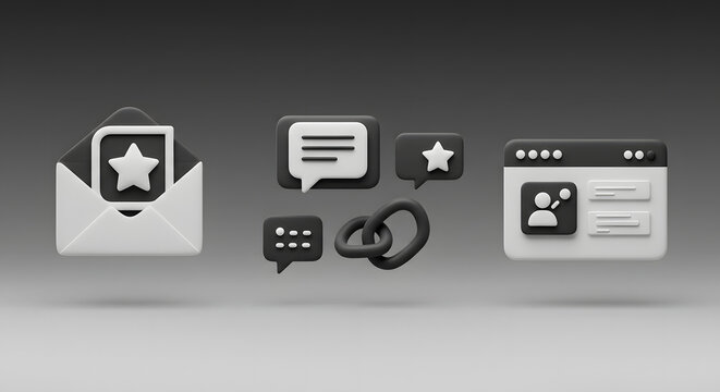 A 3D rendering of monochrome web interface icons representing digital marketing, communication, and user engagement