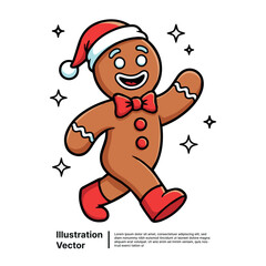 Festive Gingerbread Man Illustration Cheerful Christmas Cookie with Santa Hat & Bowtie