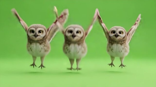 Three adorable owls are depicted against a solid green background, dancing with joyful expressions.