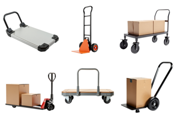 Handcarts and platforms with boxes on an isolated background