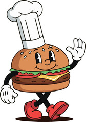 Cheerful anthropomorphic hamburger character wearing a chef hat and waving hello, cartoon illustration
