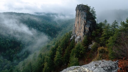 High Altitude View of Vertical Rock Tower and Fog.