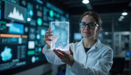 Scientist Holding Transparent Tablet with Data Visualizations in Modern Laboratory Setting
