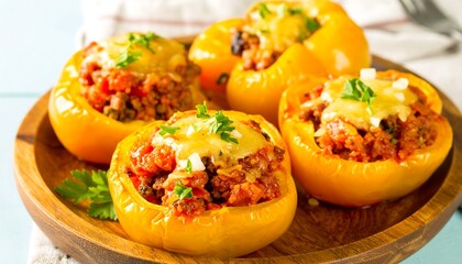 Four cheesy stuffed yellow bell peppers on a wooden plate