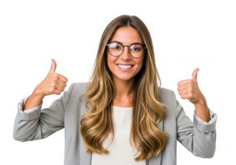 Happy young business woman with glasses giving two thumbs up gesture, isolated on transparent background