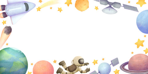Horizontal frame template with space bodies, shuttle, satellite and astronaut. Watercolor hand drawing in a simple children's style. © andrey