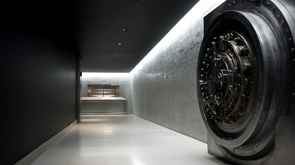 A hallway with a large, ornate safe.