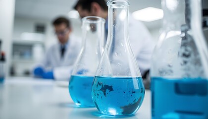 Scientific Experiment in Laboratory with Blue Liquid in Glass Flasks and Researchers Nearby