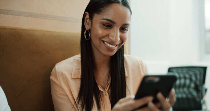 Cellphone, research and businesswoman in office with communication, networking or chatting on mobile app. Technology, business and female person with phone for online, texting or contact in workplace