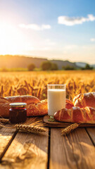 Fresh Croissants and Milk by the Wheat Fields
