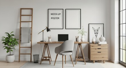 Fototapeta premium Modern Home Office Interior with Mockup Posters featuring Office, Interior, Design, Modern Home Desk Laptop Chair Mockup Poster Frame Blank
