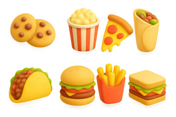 3d cartoon fast food icons featuring burger, pizza, and more