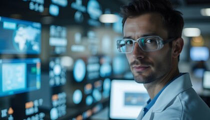 Fototapeta premium Professional Scientist Analyzing Data in Modern Laboratory with Advanced Technology