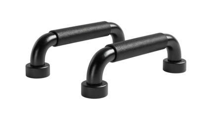 Pair of push-up bars with U-shaped frames, foam grips and aligned rubber feet, matte finish and clean design, isolated on transparent background.
