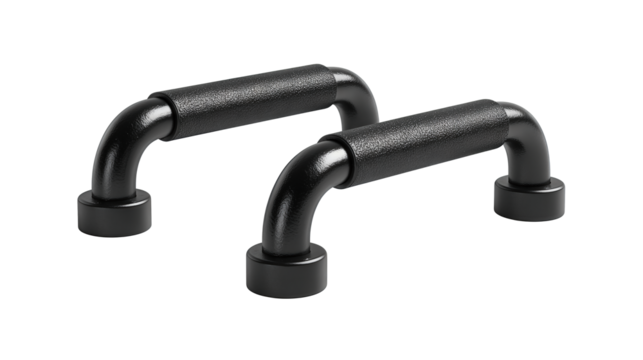 Pair of push-up bars with U-shaped frames, foam grips and aligned rubber feet, matte finish and clean design, isolated on transparent background.

