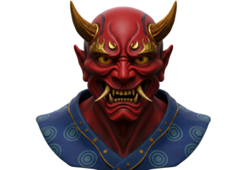 Isolated Oni mask of Japanese folklore demon with red face and golden horns on dark shirt