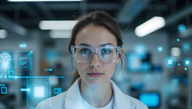 Young Female Scientist in Lab with Virtual Interface Displaying Data and Technology