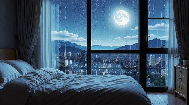 Relaxing moonlit night scene from bedroom window overlooking a vibrant city skyline animation