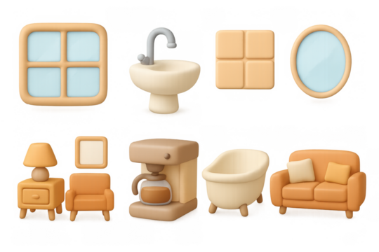 Cozy 3d home objects collection featuring furniture and appliances