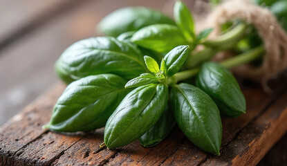 Fototapeta premium Fresh Basil Sprigs Tied with Hemp Cord on Wooden Board