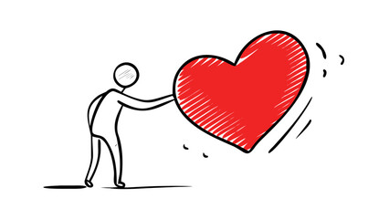A stick figure holding a large red heart, symbolizing love, care, and affection, conveying a message of kindness
