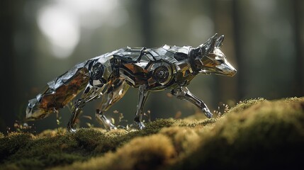 A sleek, metallic wolf sculpture walking through a lush, mossy forest, showcasing the fusion of technology and nature.