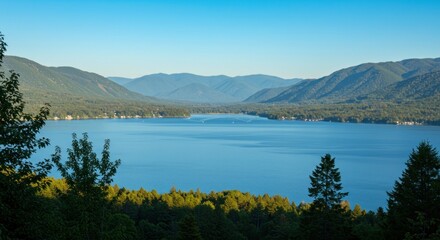 A breathtaking panoramic view of a serene mountain lake at sunrise, surrounded by dense green forests and rolling hills under a clear blue sky