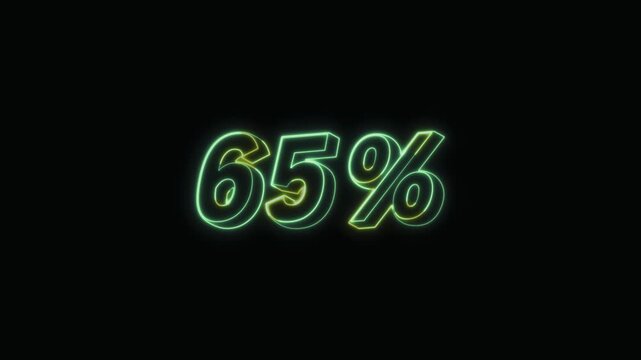  65 Percent Neon Text Seamless Loop 4K with Black Background Animated Promotional Typography for Video Editing