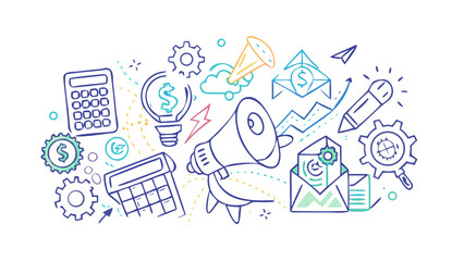 A vibrant illustration of marketing and business concepts, perfect for conveying digital strategy and online communication