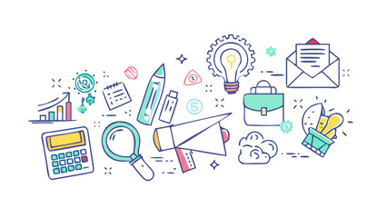 Hand drawn vector illustration of business and marketing elements for web design, mobile app, and graphic design projects