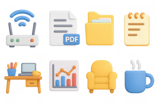 Colorful 3d icons set featuring office, technology, and home essentials