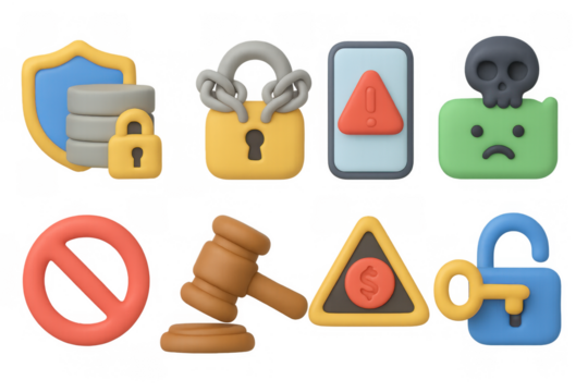 Colorful 3d security and legal icons set with locks, shields, and warnings