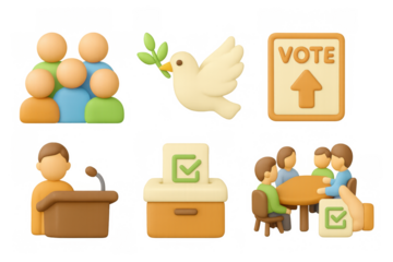 3d peace and voting icons: dove, voting box, public speech, group meeting