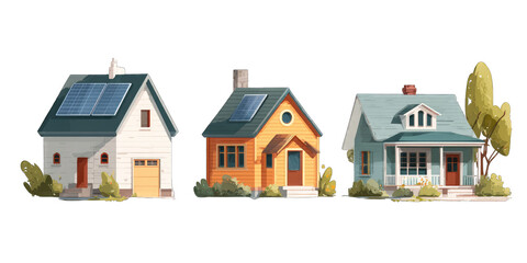 Three stylized homes with solar panels