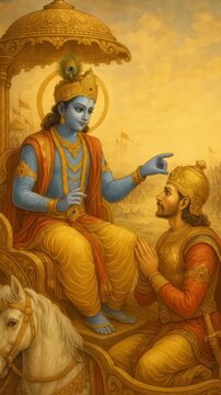 Epic scene with divine figures in vibrant attire, captured from a low angle, evoking a sense of reverence. Ideal for a historical video theme. Live mobile wallpaper.