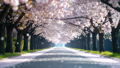 夕暮れの桜並木と散りゆく花びら